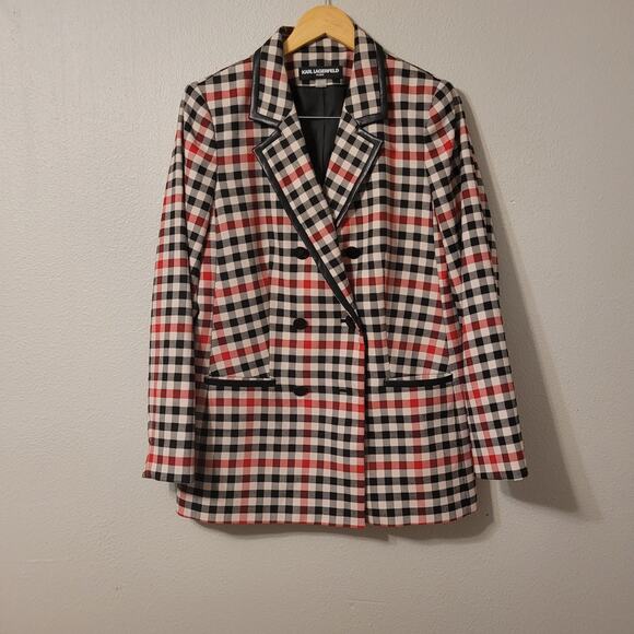 Karl Lagerfeld Paris Plaid‎ Double Breasted Plaid Blazer Womens 14 Leather Trim - Picture 1 of 8